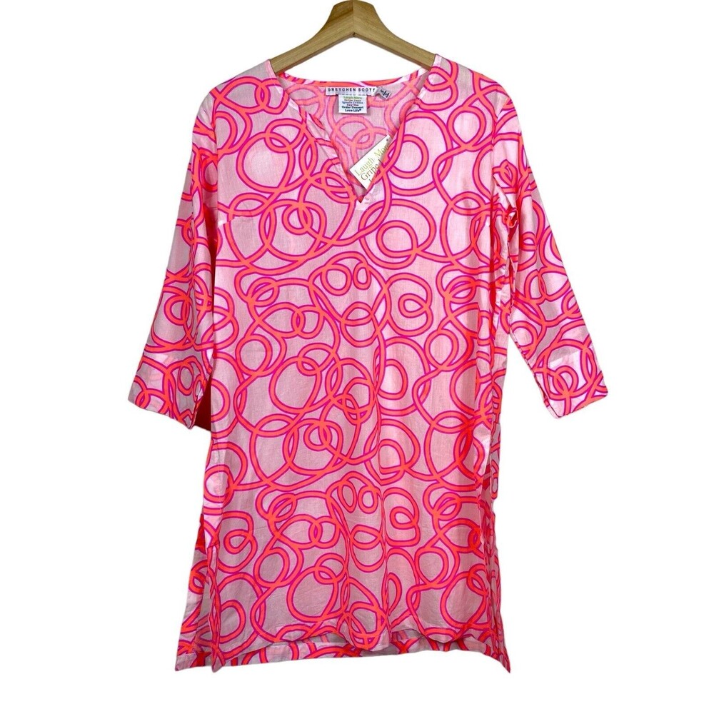 Gretchen Scott Tunic Dress Sz S Pink 3/4 Sleeve Top Beach Coverup Artsy Resort